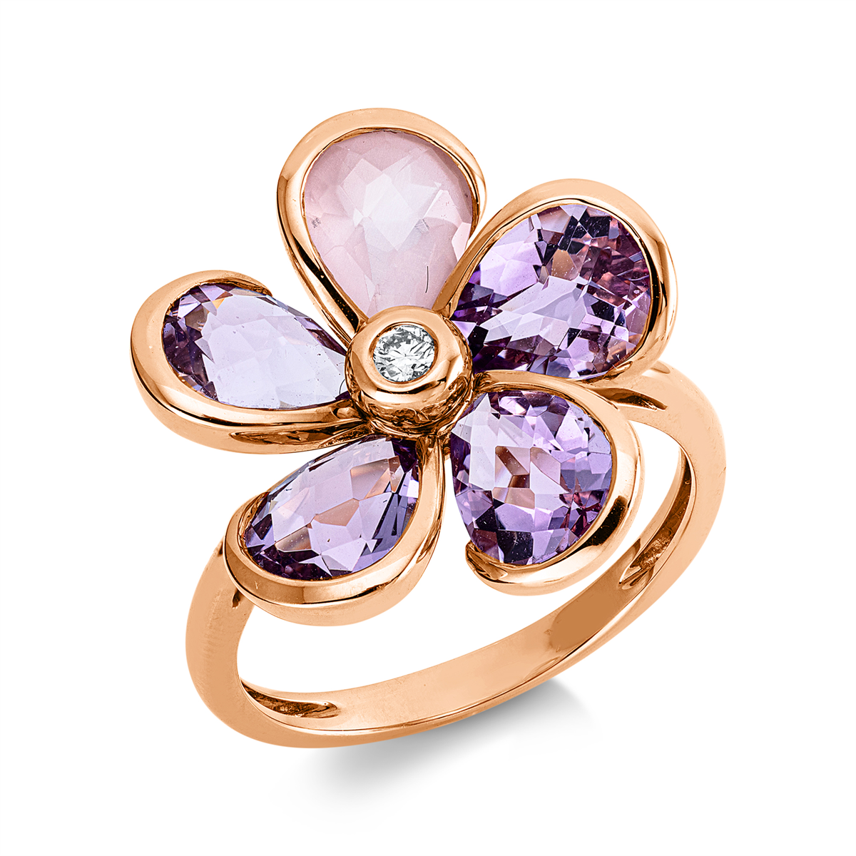 diamond full cut rose quartz colored stone fashion ring in red gold