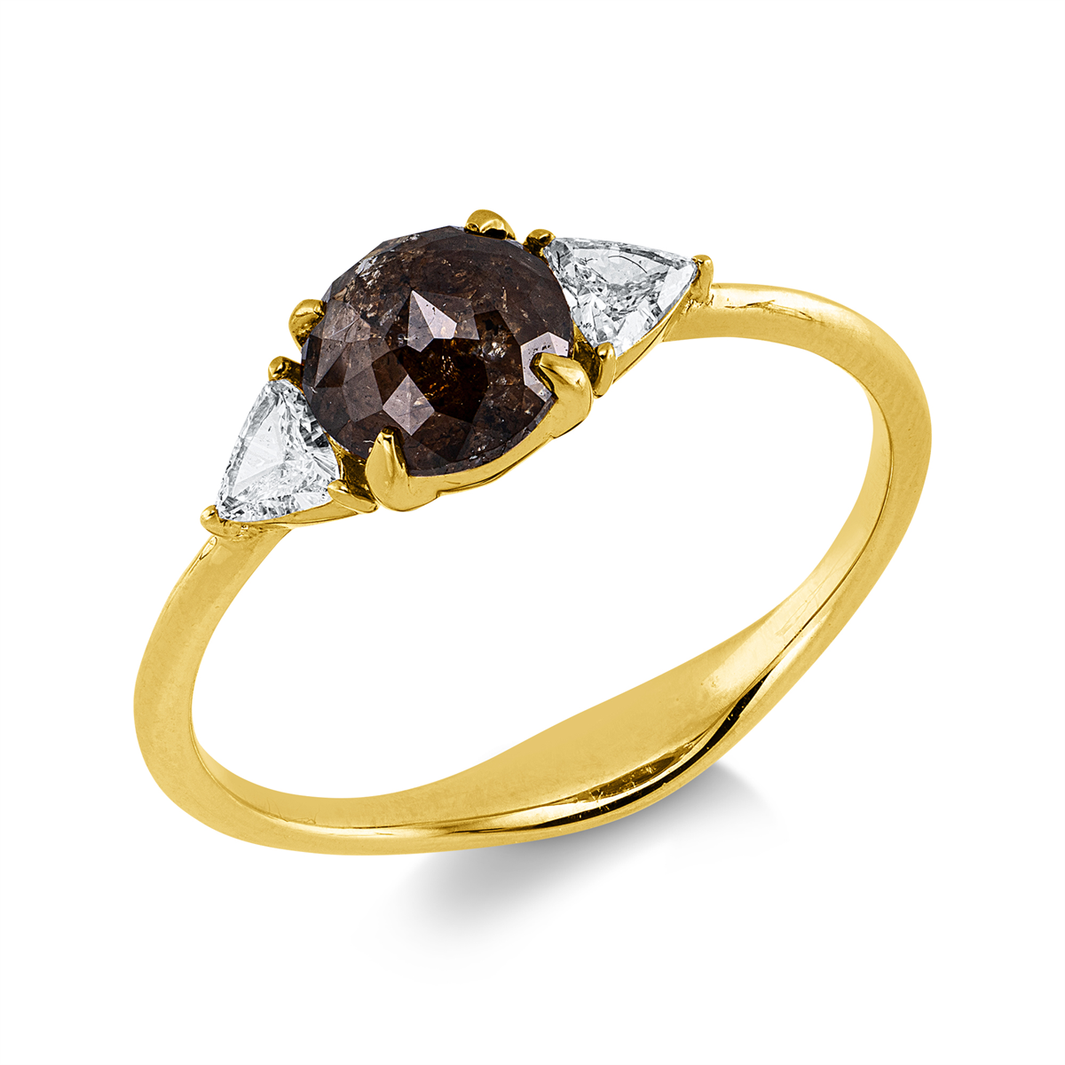 triangle cut  fancy colored diamond ring in yellow gold