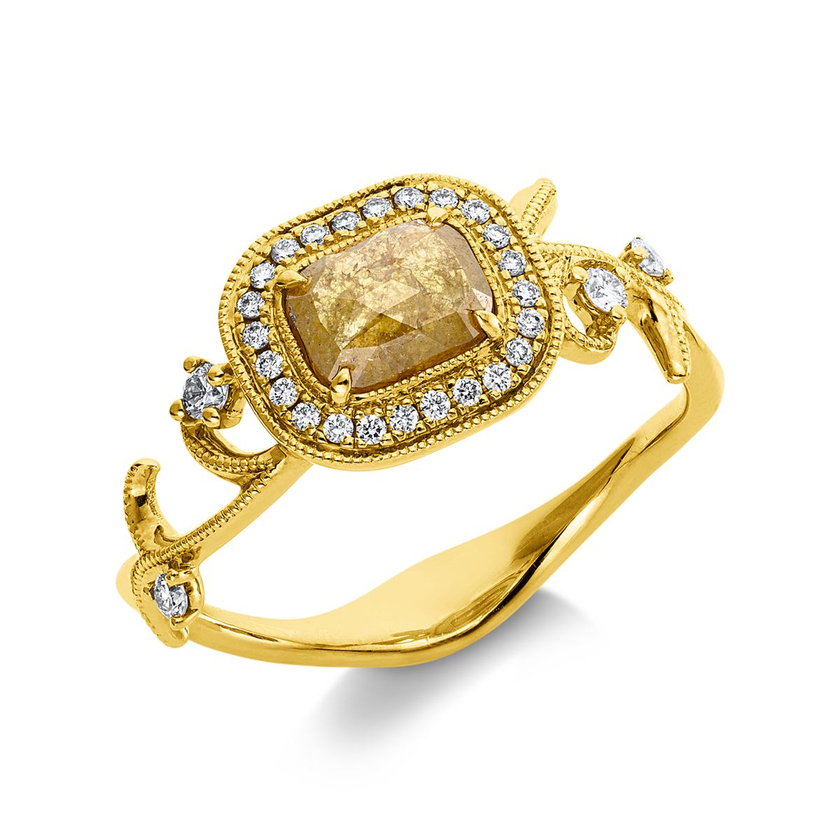 diamond full cut  fancy colored diamond ring in yellow gold
