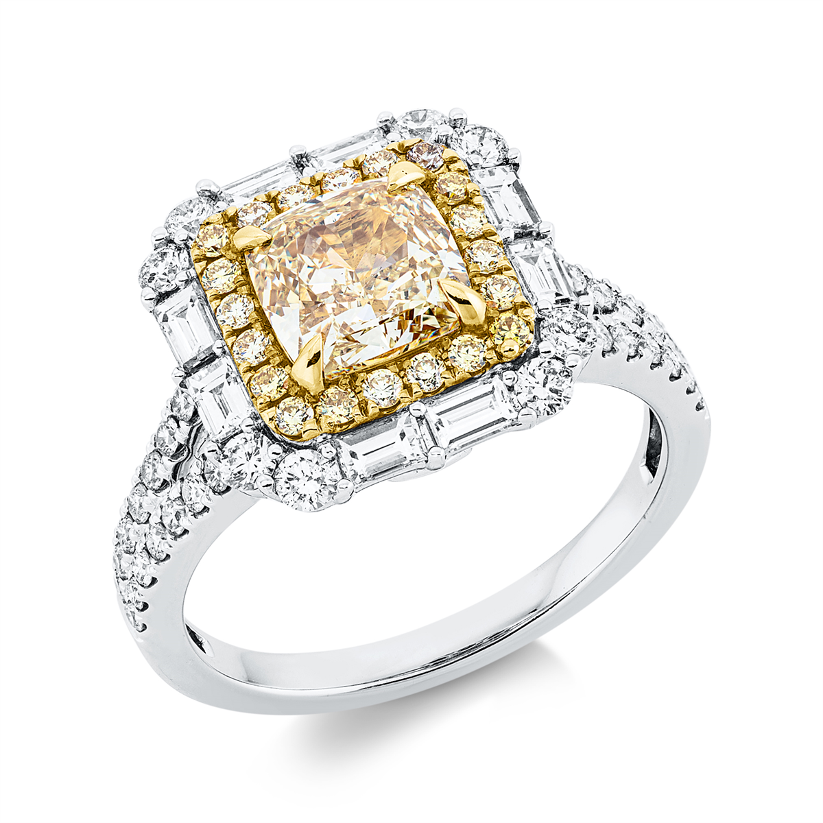 cushion  fancy colored diamond ring in white gold / yellow gold
