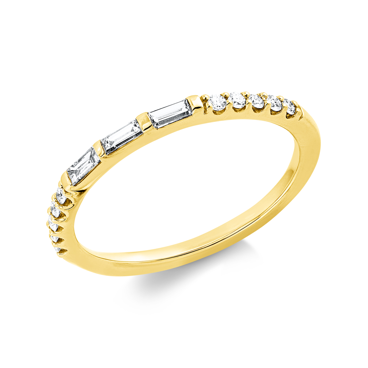 emerald cut  solitaire with accent stones ring in yellow gold