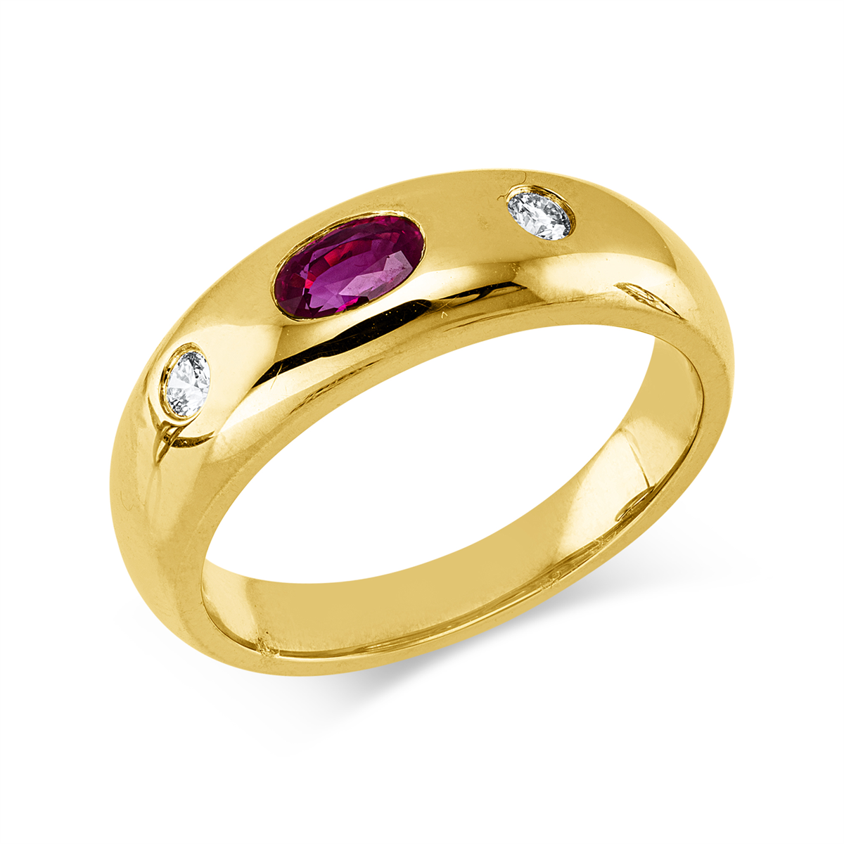 diamond full cut ruby colored stone classic ring in yellow gold