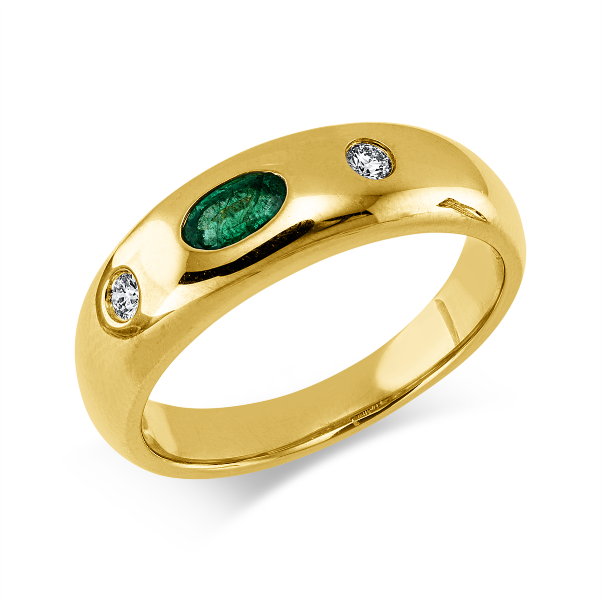 diamond full cut emerald colored stone classic ring in yellow gold