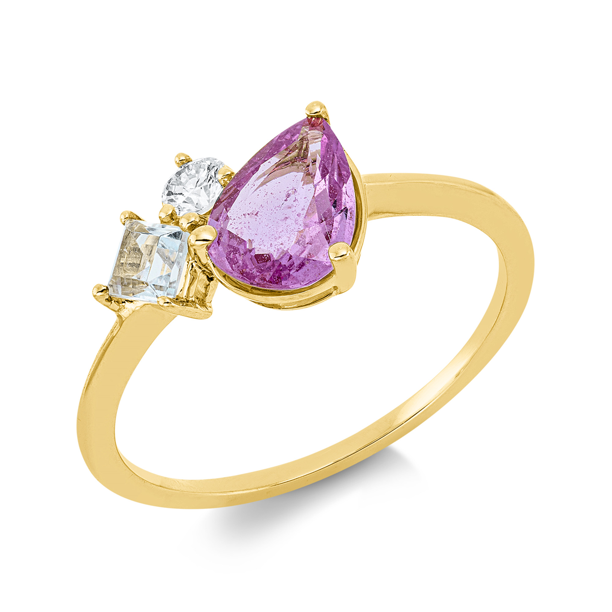 diamond full cut aquamarine colored stone classic ring in yellow gold