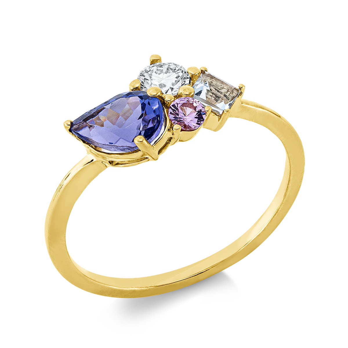 diamond full cut aquamarine colored stone fashion ring in yellow gold