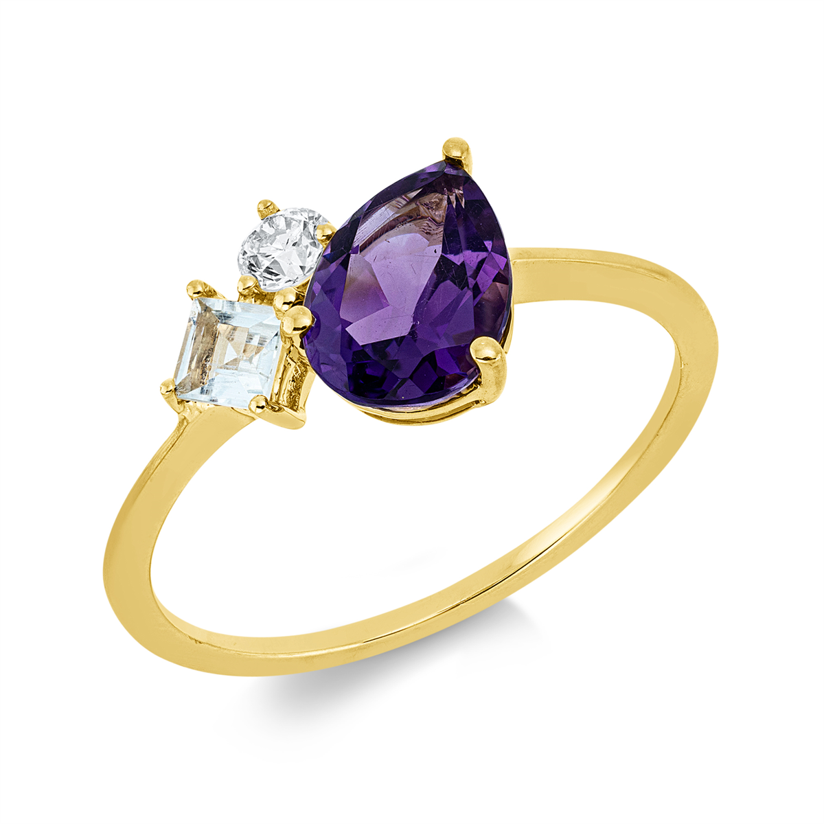 diamond full cut amethyst colored stone fashion ring in yellow gold