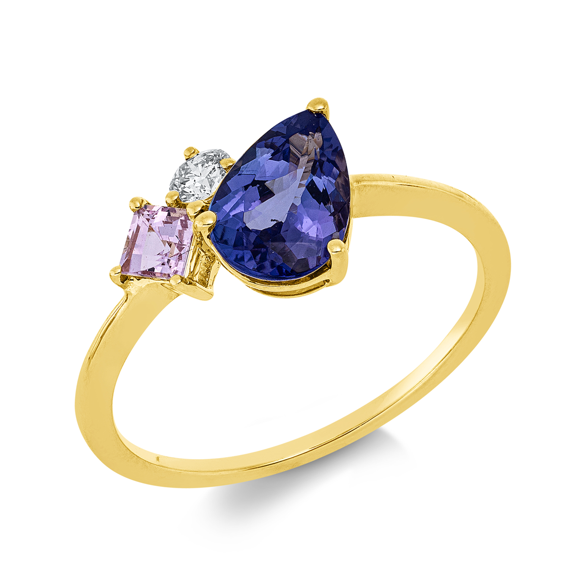 diamond full cut sapphire colored stone classic ring in yellow gold