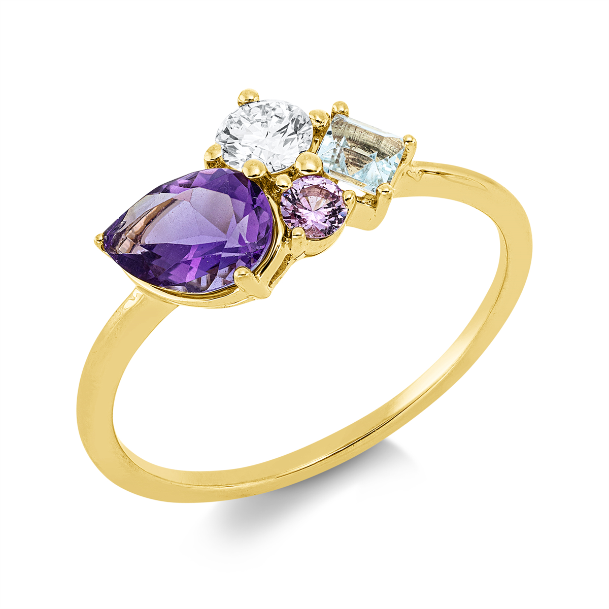 diamond full cut amethyst colored stone fashion ring in yellow gold