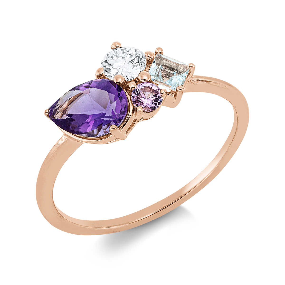 diamond full cut amethyst colored stone fashion ring in red gold