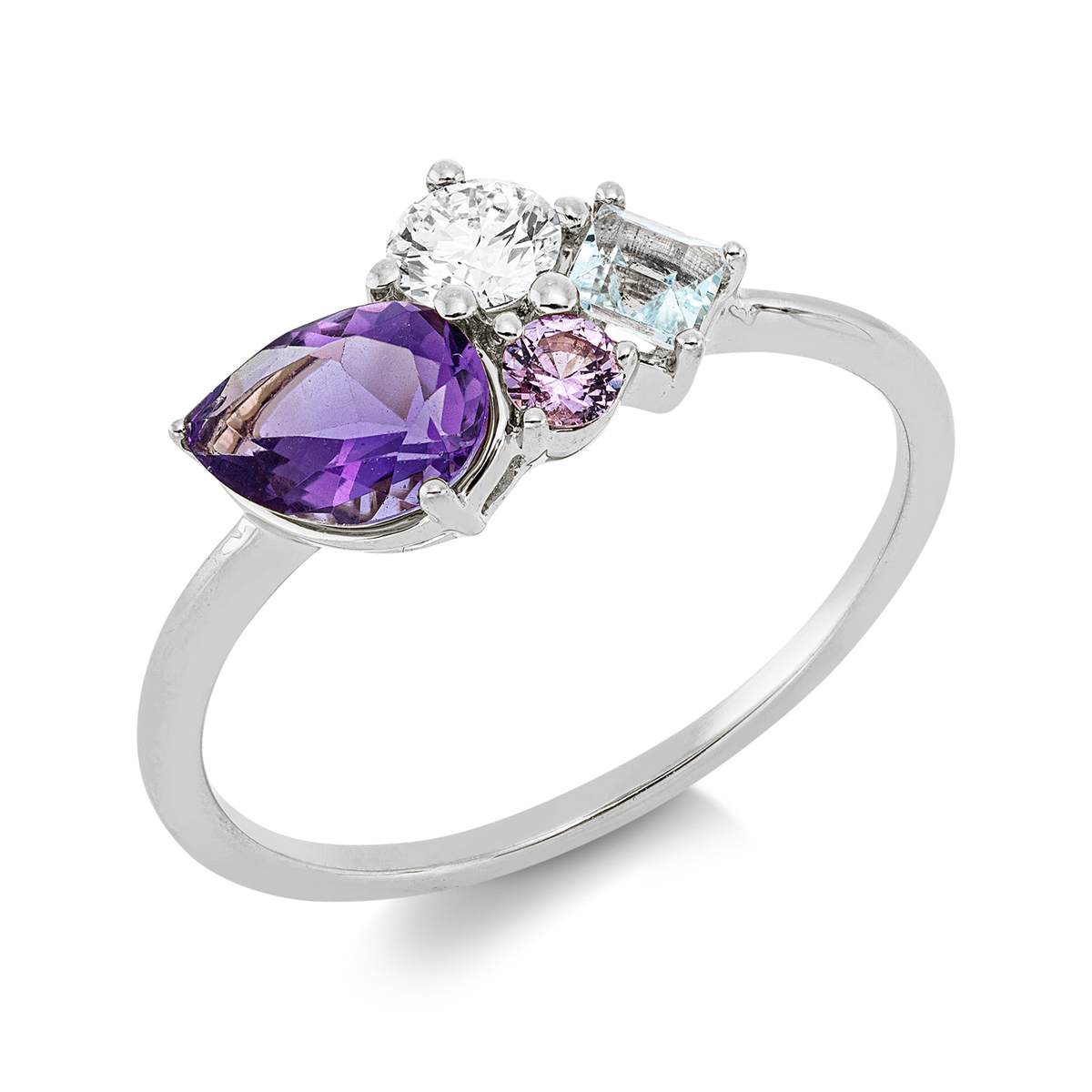 diamond full cut amethyst colored stone fashion ring in white gold