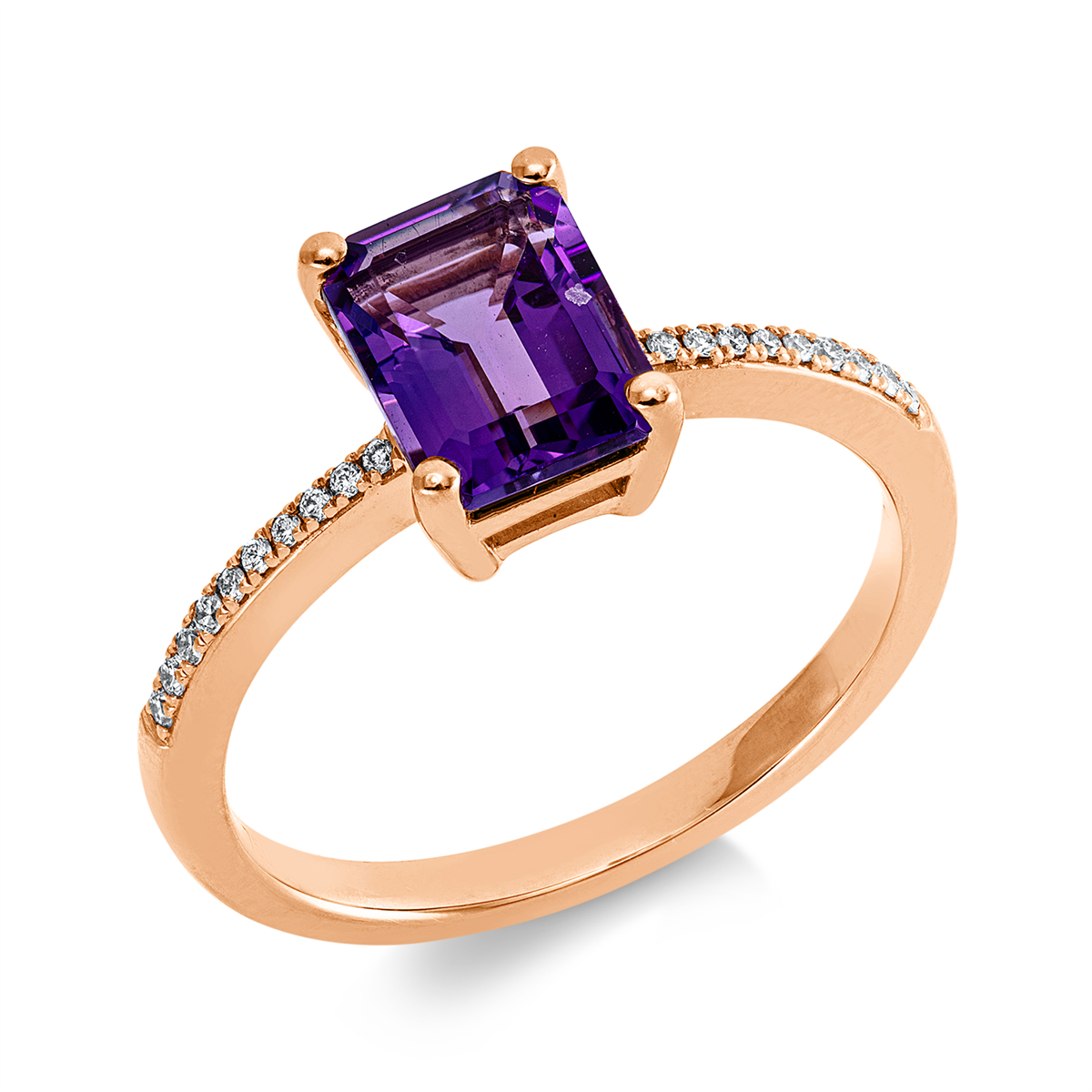 diamond full cut amethyst colored stone fashion ring in red gold