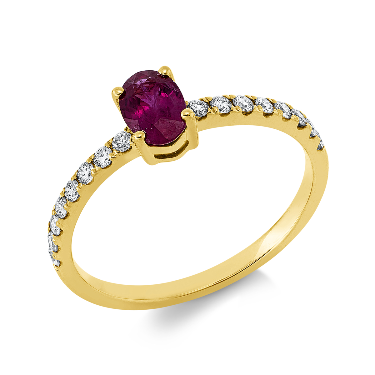 diamond full cut ruby colored stone classic ring in yellow gold