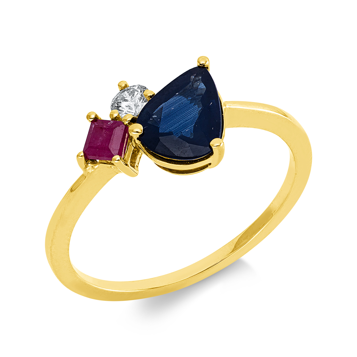 diamond full cut ruby colored stone classic ring in yellow gold