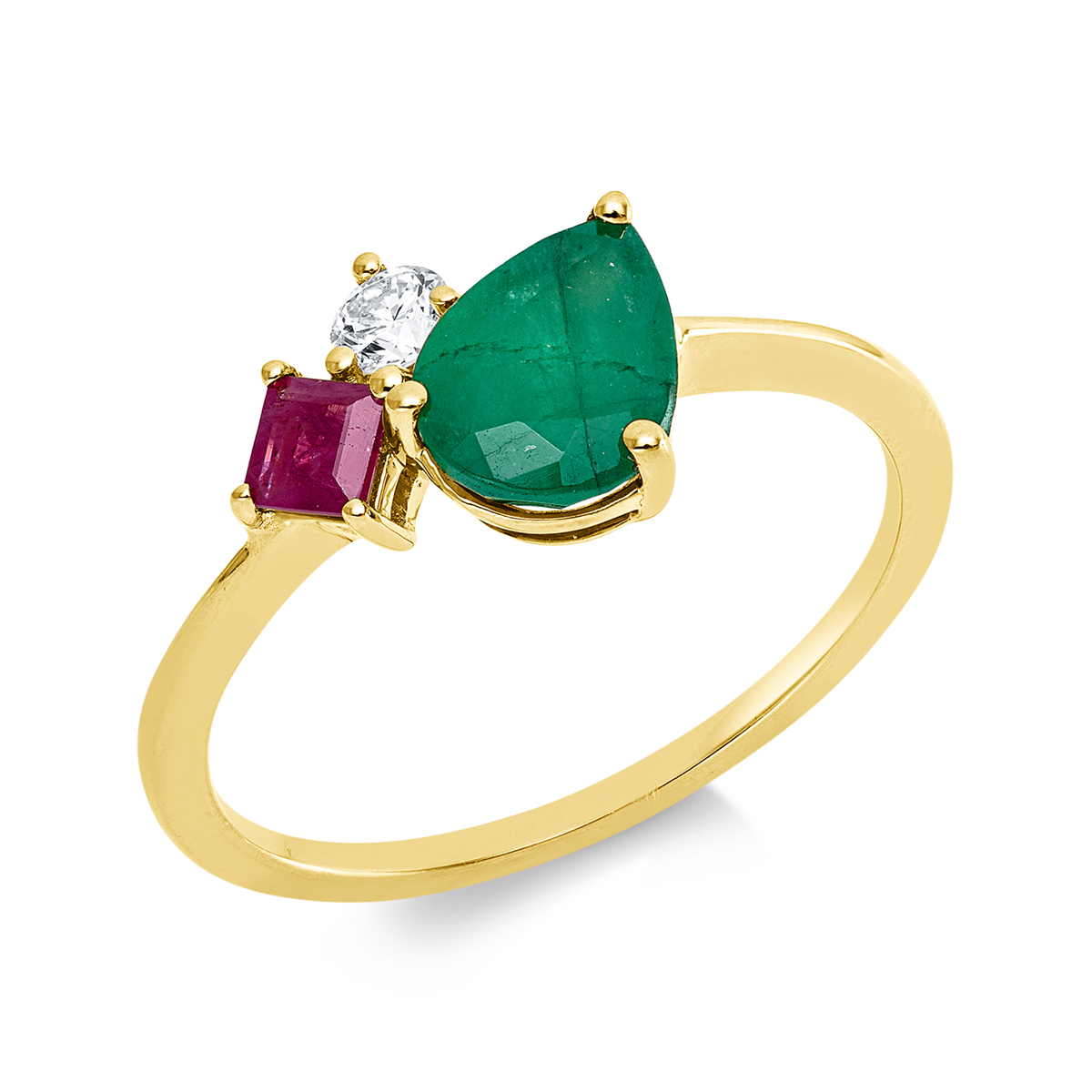 diamond full cut ruby colored stone classic ring in yellow gold