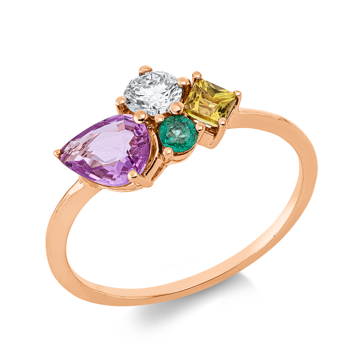 diamond full cut emerald colored stone classic ring in red gold