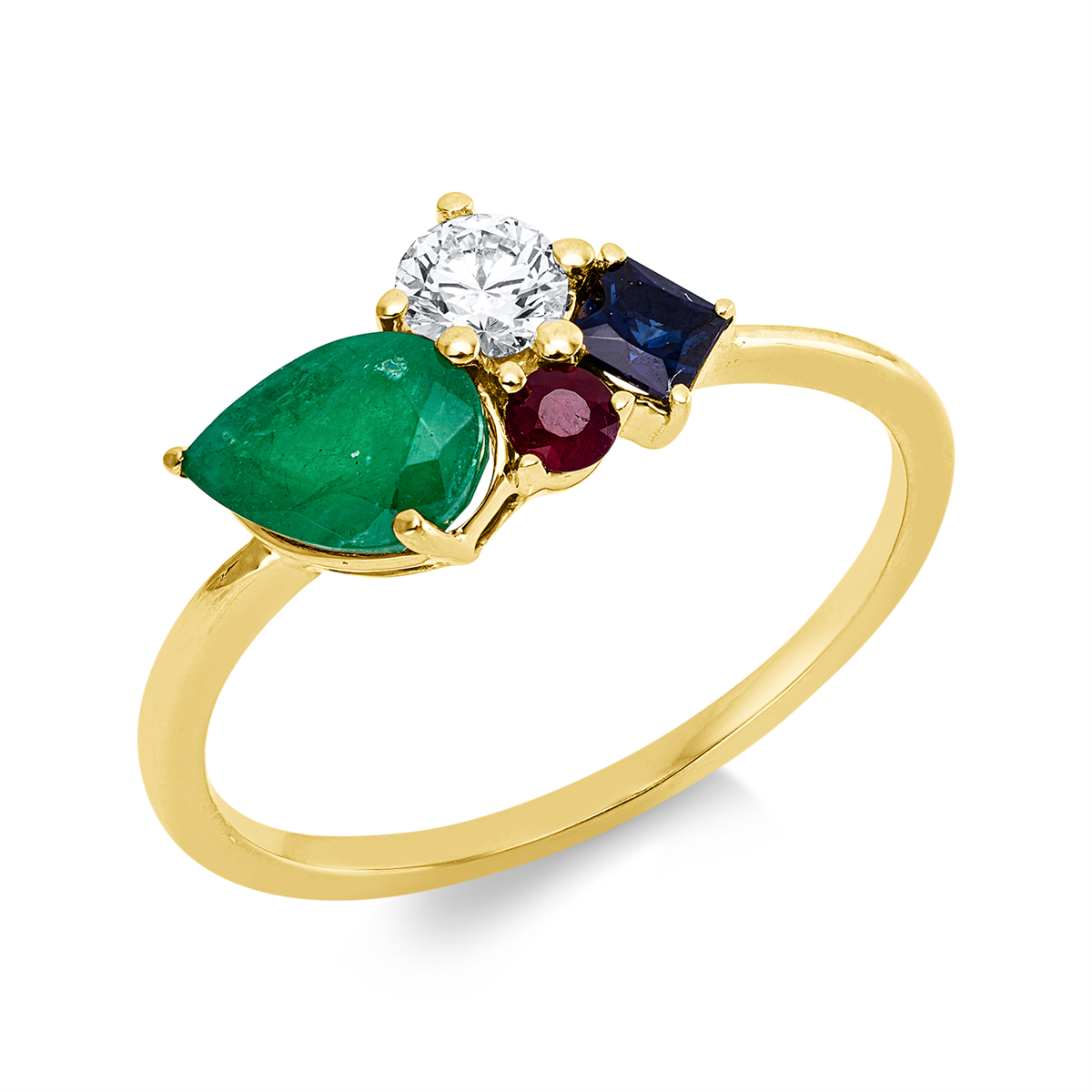 diamond full cut ruby colored stone classic ring in yellow gold