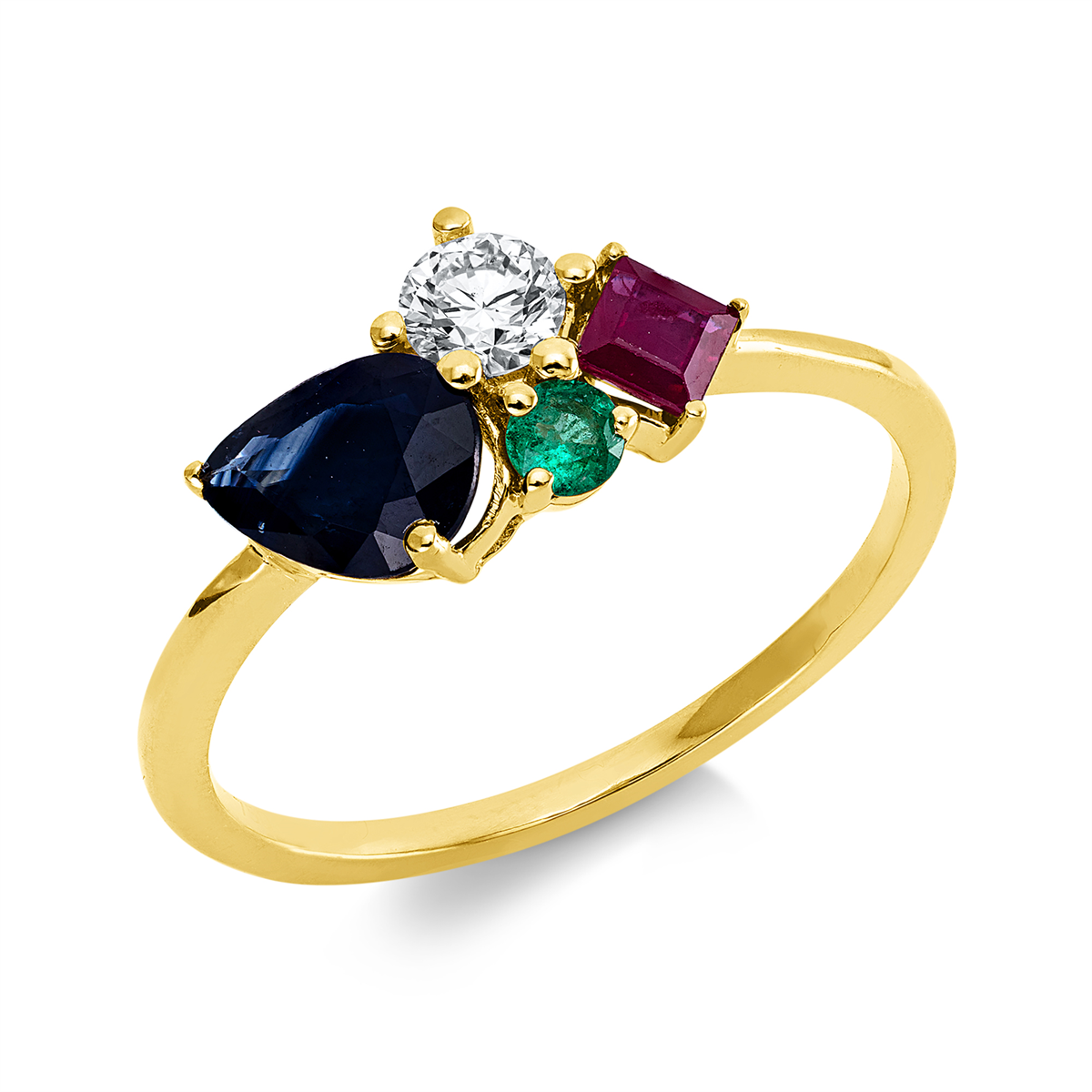 diamond full cut emerald colored stone classic ring in yellow gold
