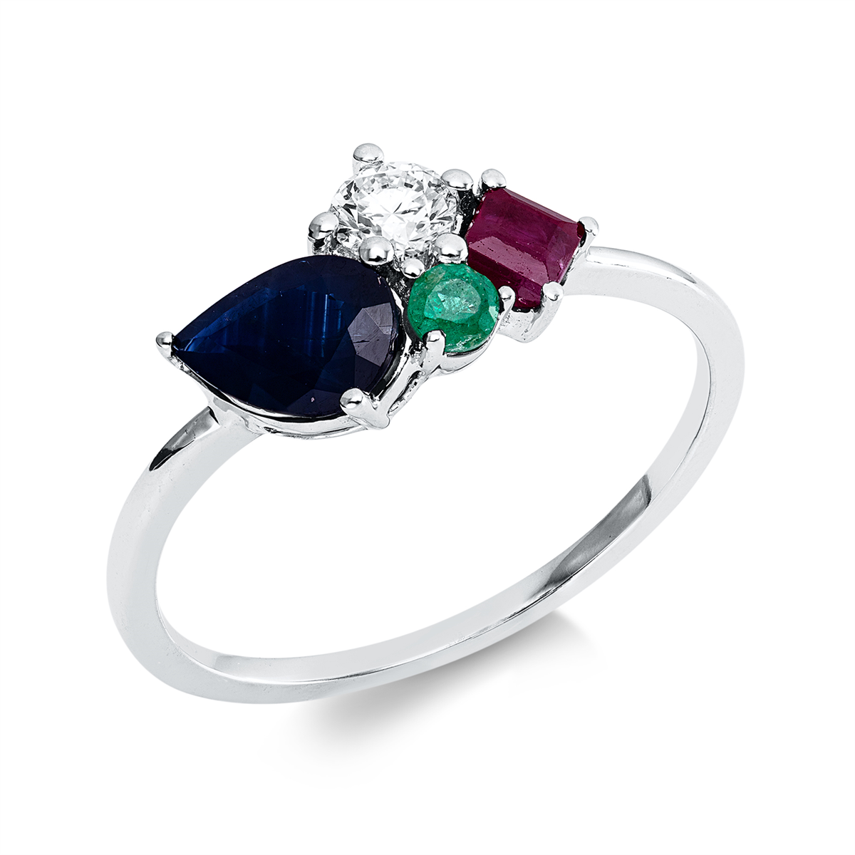 diamond full cut emerald colored stone classic ring in white gold