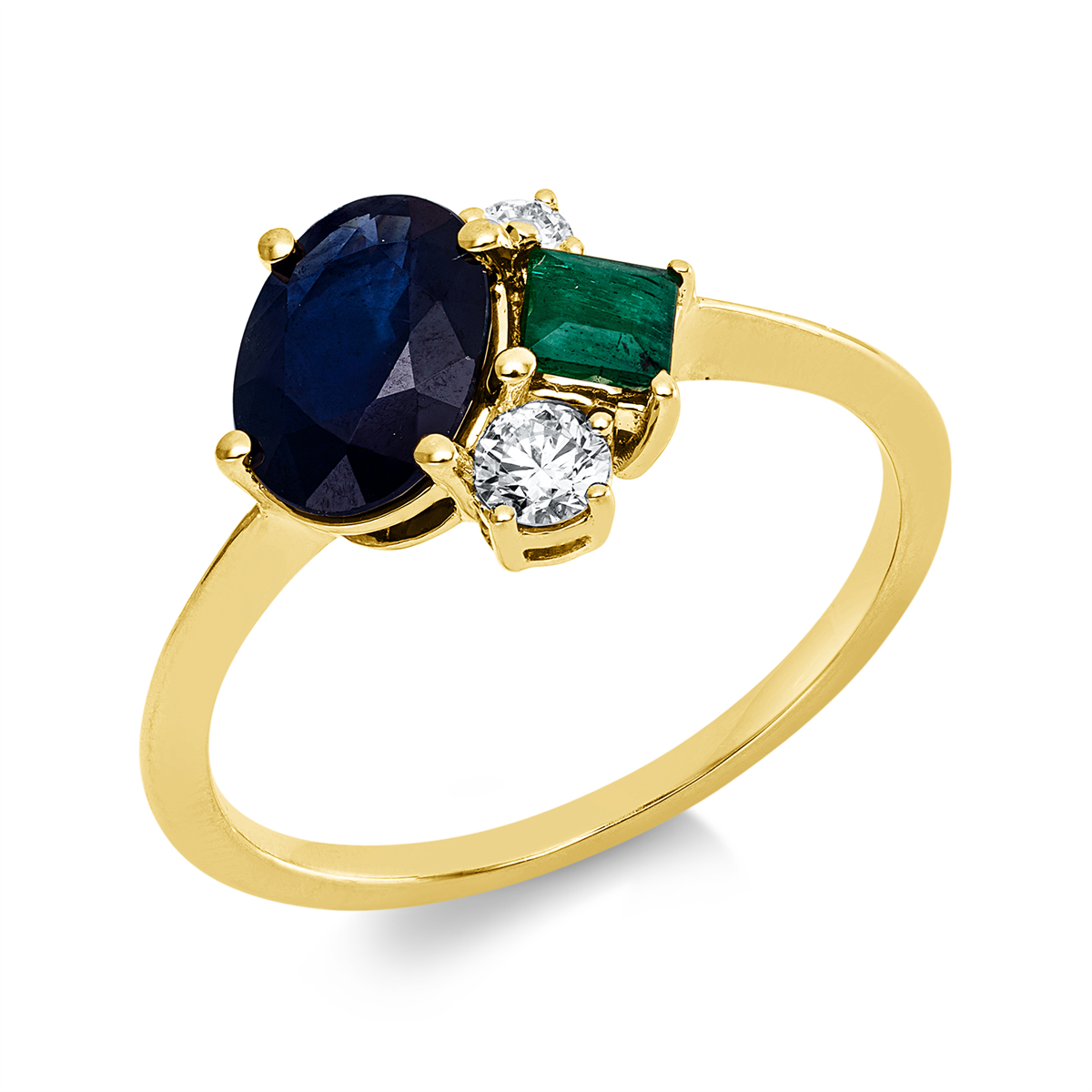 diamond full cut emerald colored stone classic ring in yellow gold