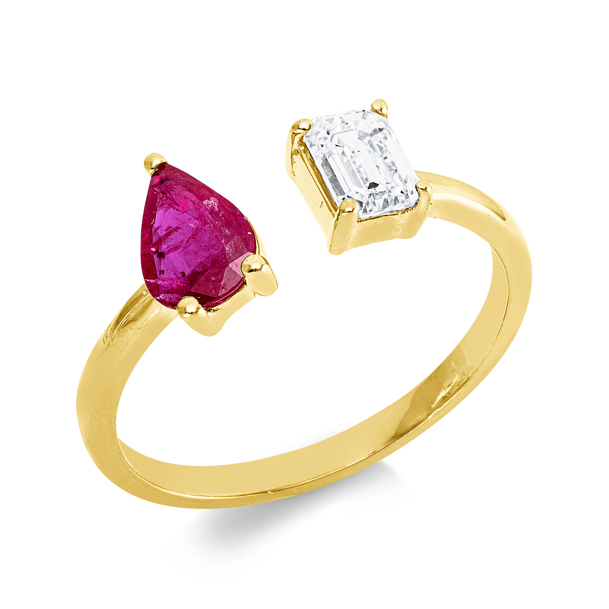 emerald cut ruby colored stone classic ring in yellow gold