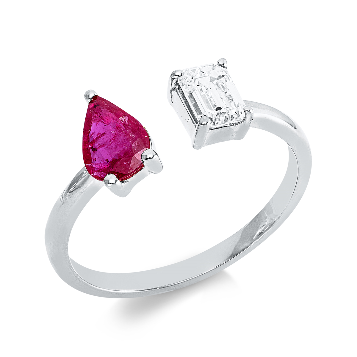 emerald cut ruby colored stone classic ring in white gold