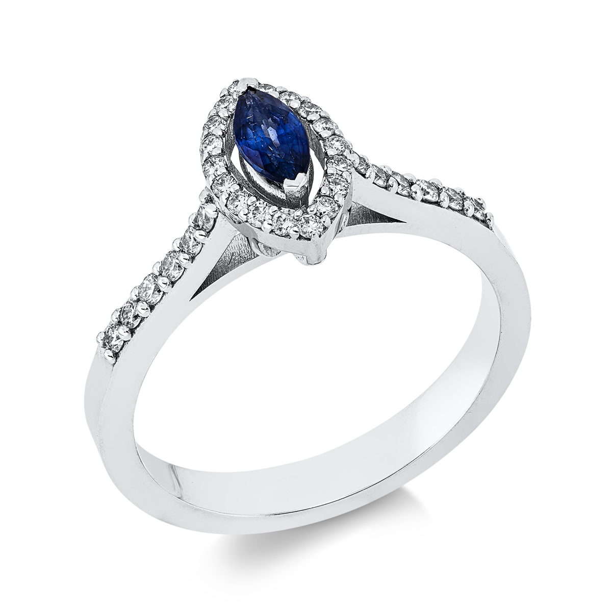 diamond full cut sapphire colored stone classic ring in white gold