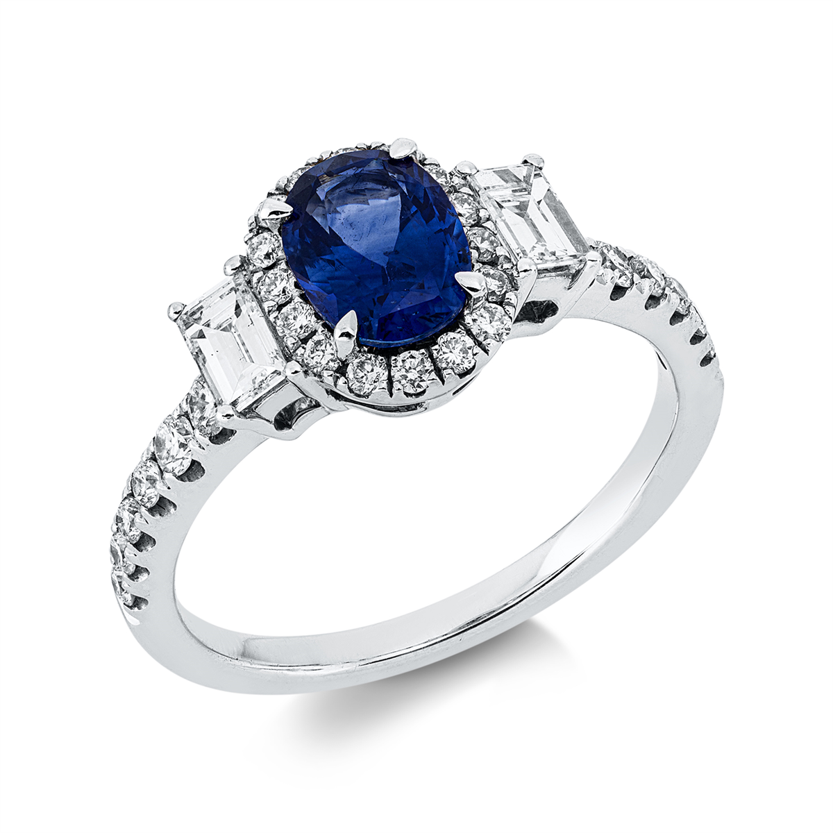 diamond full cut sapphire colored stone classic ring in white gold