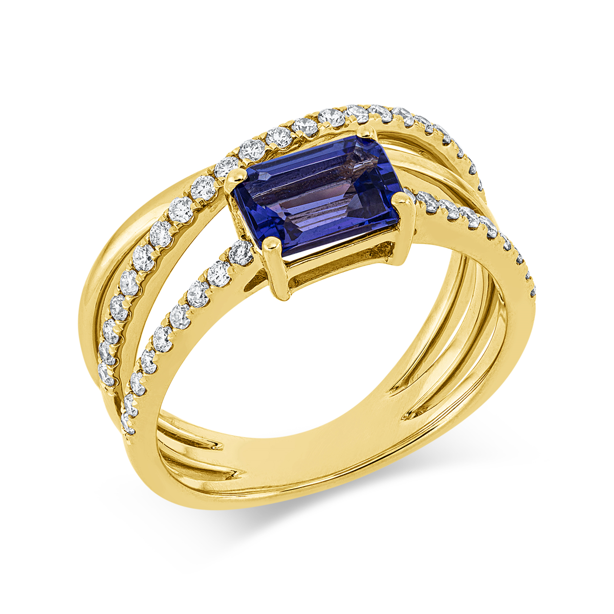 diamond full cut tanzanite colored stone classic ring in yellow gold