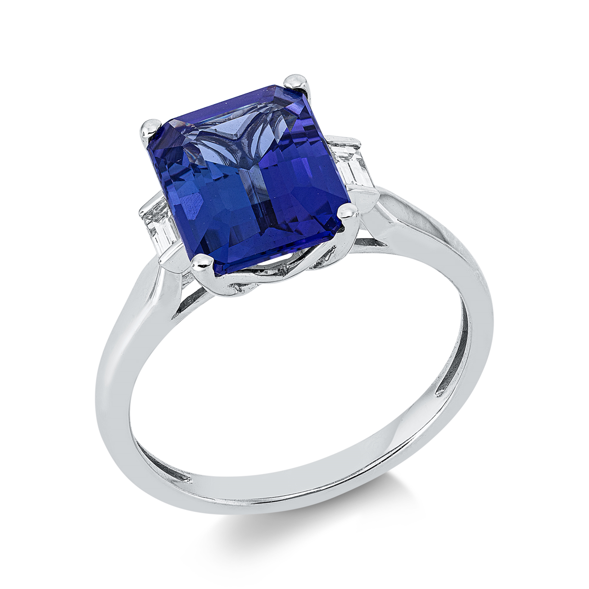 baguette tanzanite colored stone classic ring in white gold