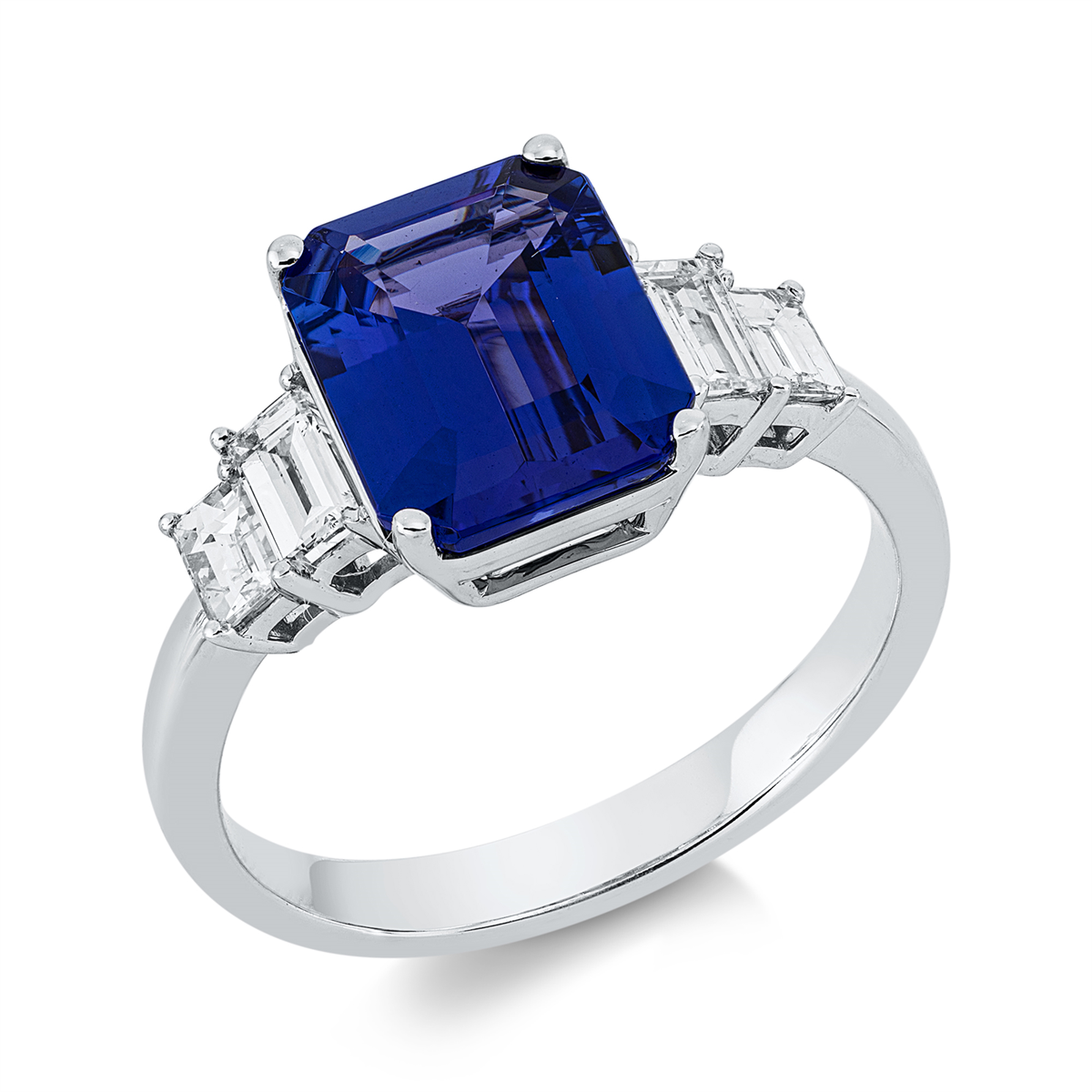 baguette tanzanite colored stone classic ring in white gold