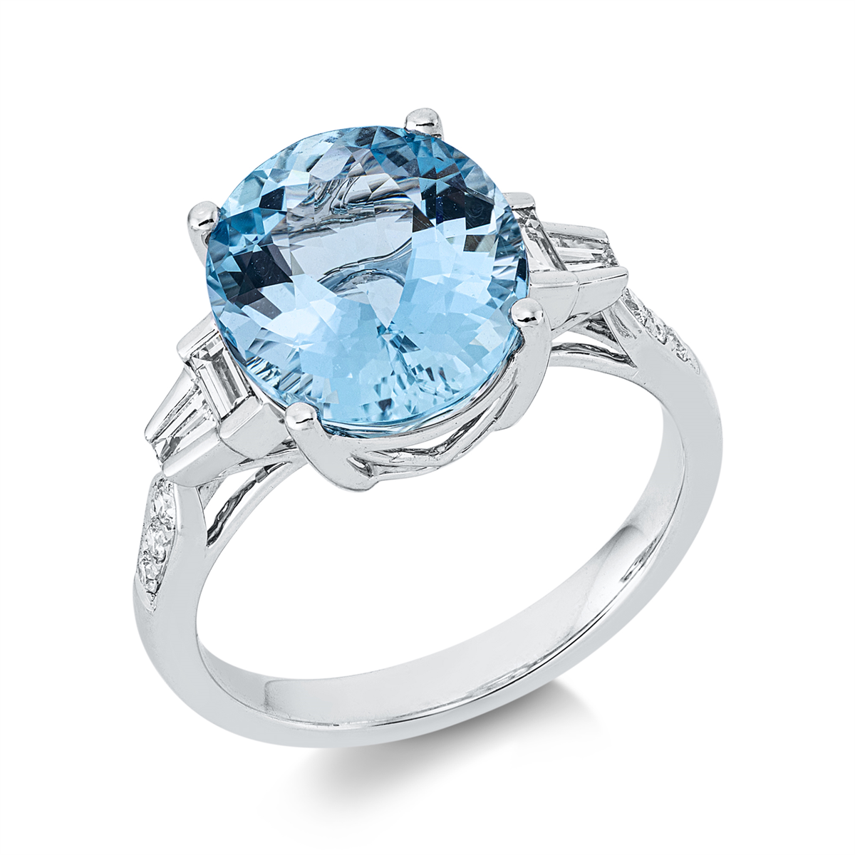 diamond full cut aquamarine colored stone classic ring in white gold