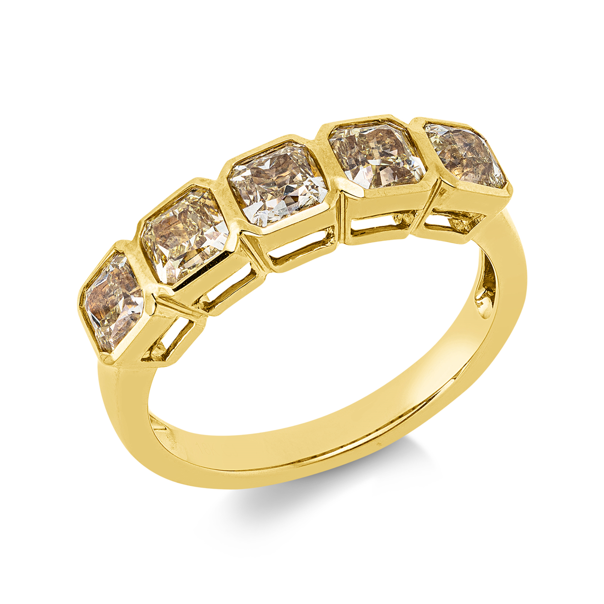 cushion  fancy colored diamond ring in yellow gold