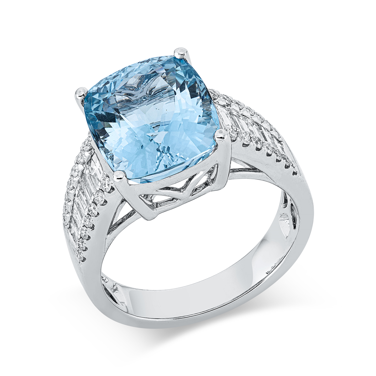 diamond full cut aquamarine colored stone classic ring in white gold