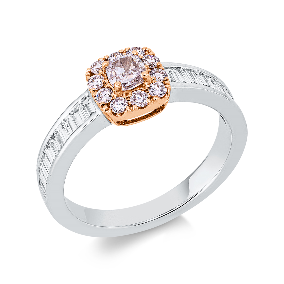 baguette  fancy colored diamond ring in whitegold / rosegold