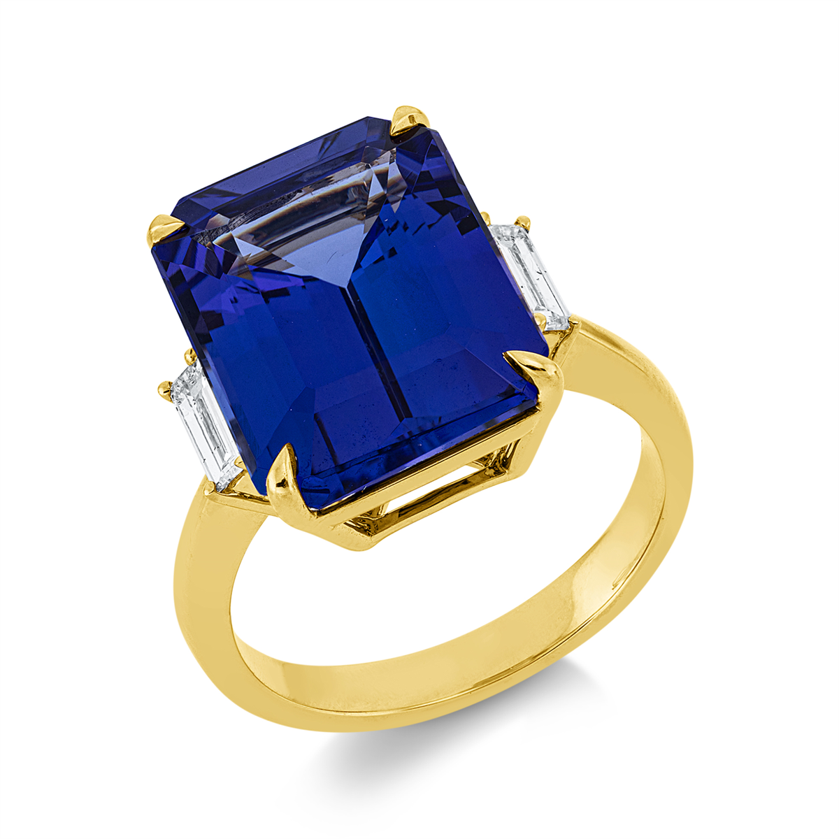 baguette tanzanite colored stone classic ring in yellow gold