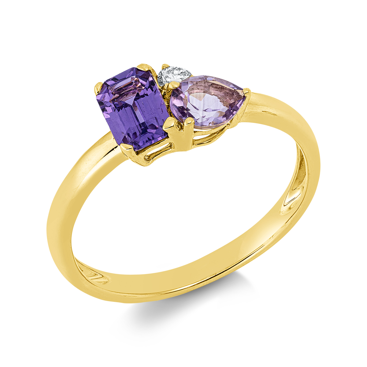 diamond full cut amethyst colored stone classic ring in yellow gold