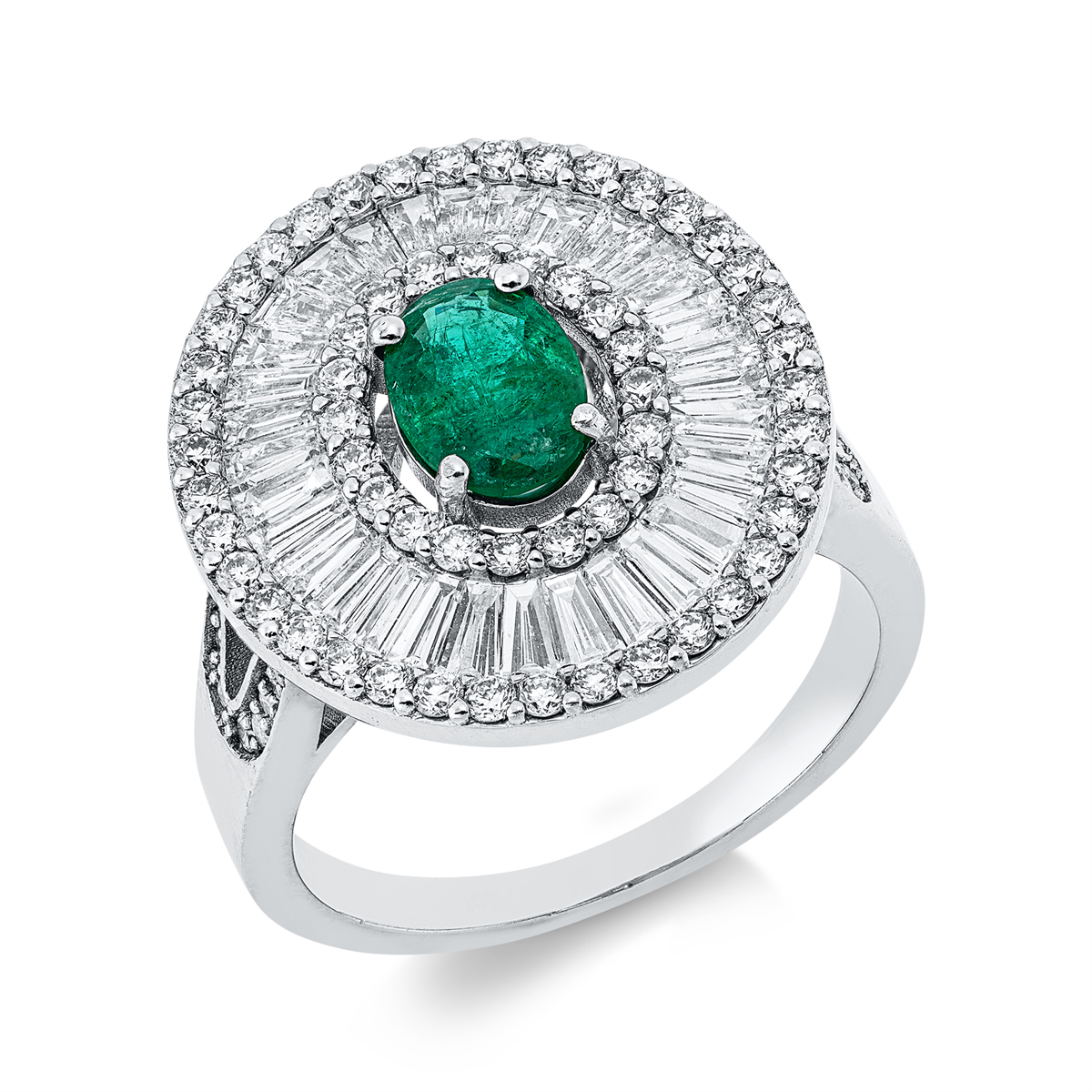 diamond full cut emerald colored stone classic ring in white gold