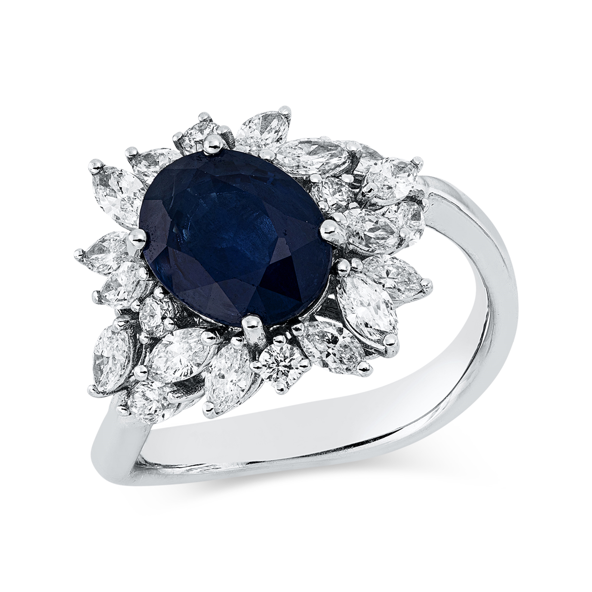 diamond full cut sapphire colored stone classic ring in white gold