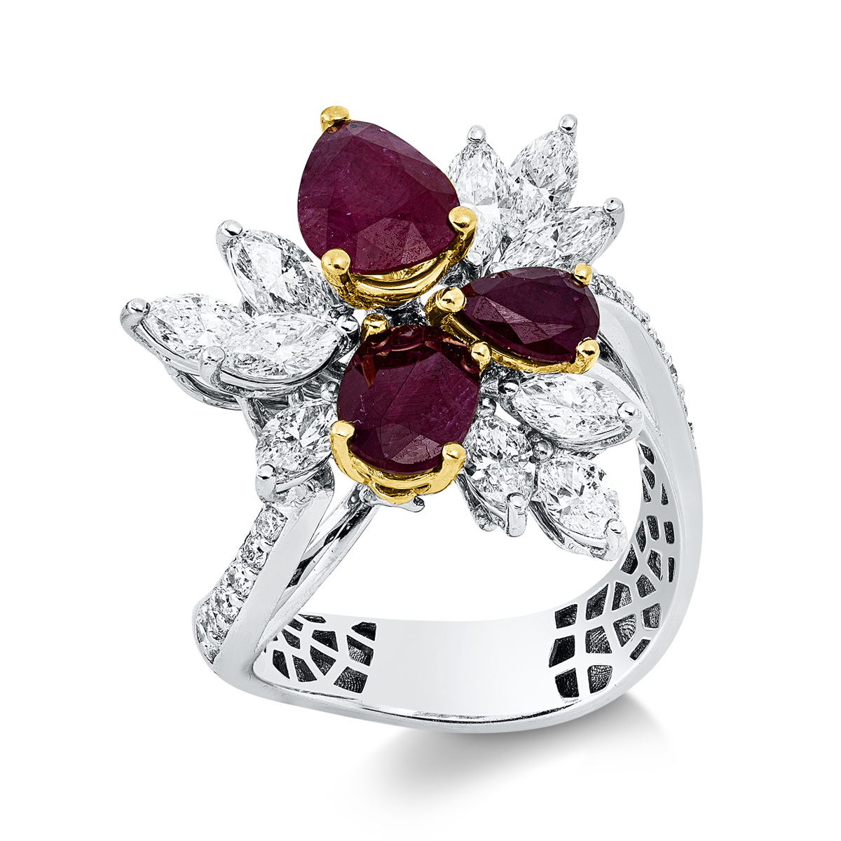 diamond full cut ruby colored stone classic ring in white gold / yellow gold
