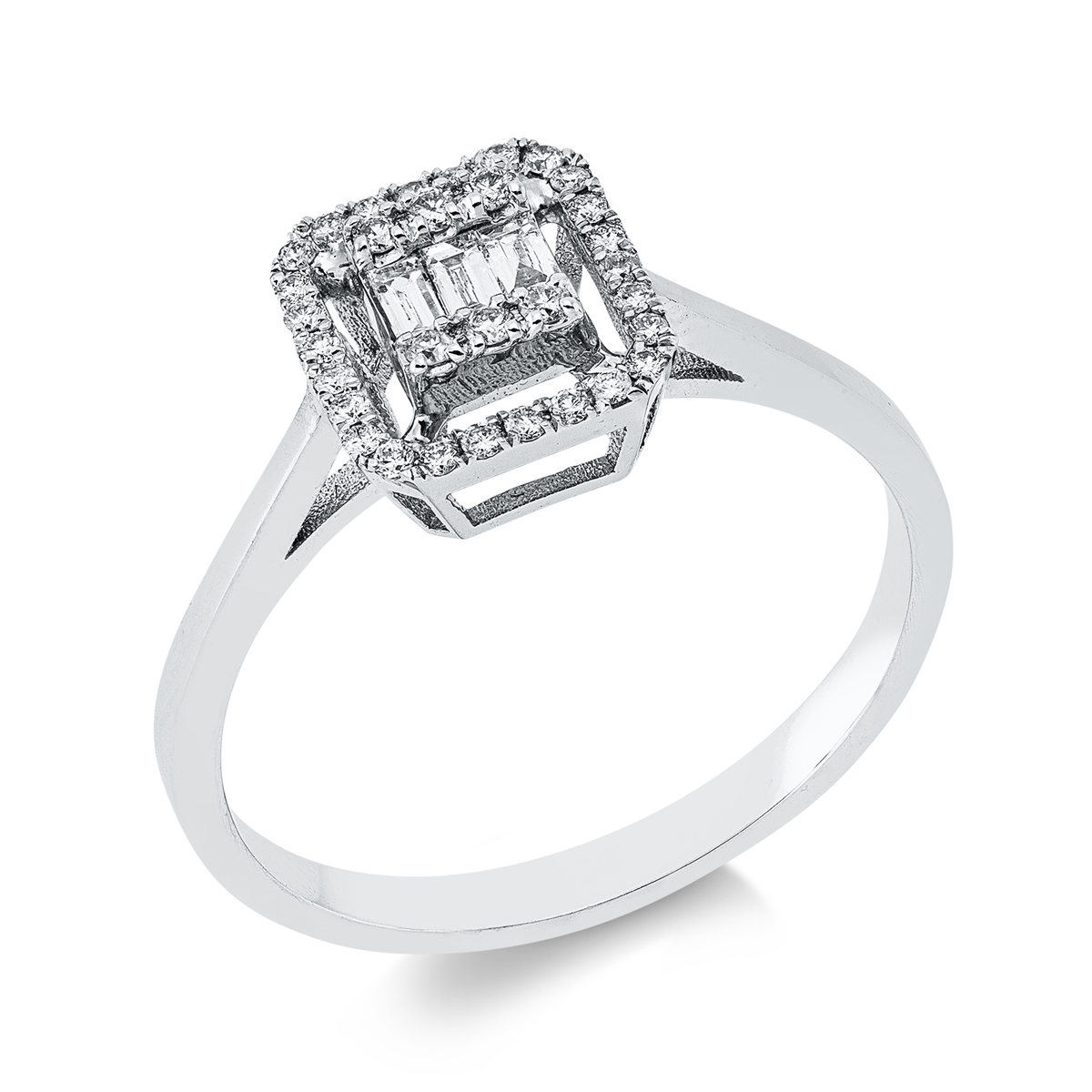 diamond full cut  baguette illusion ring in white gold
