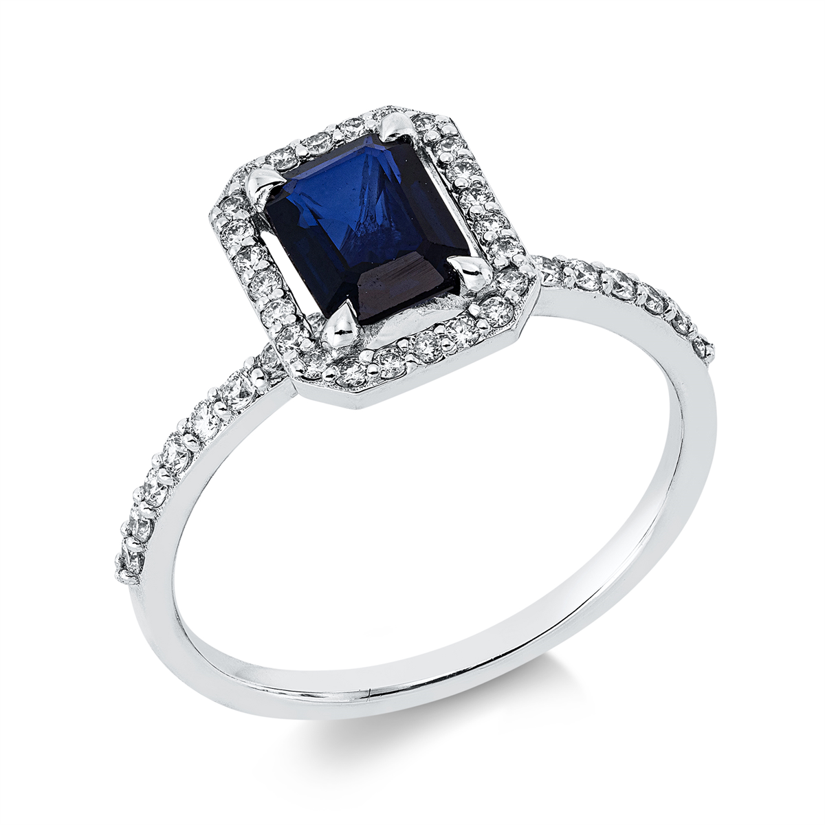diamond full cut sapphire colored stone classic ring in white gold