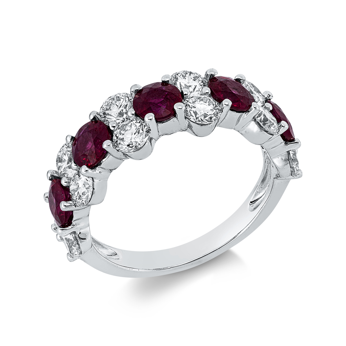 diamond full cut ruby colored stone classic ring in white gold