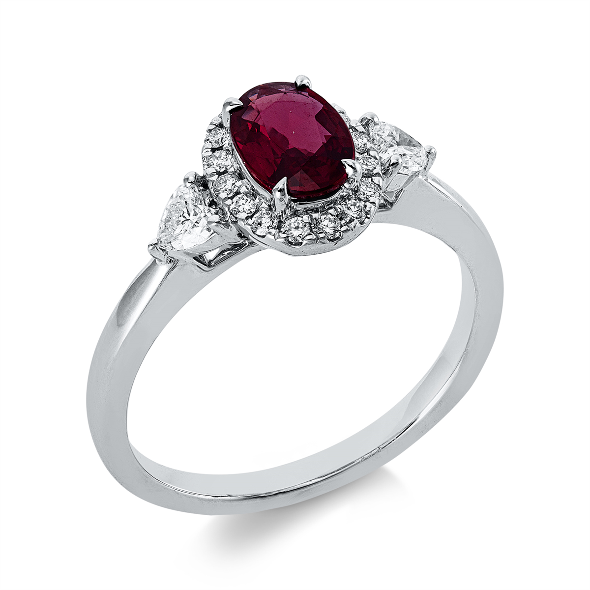 diamond full cut ruby colored stone classic ring in white gold