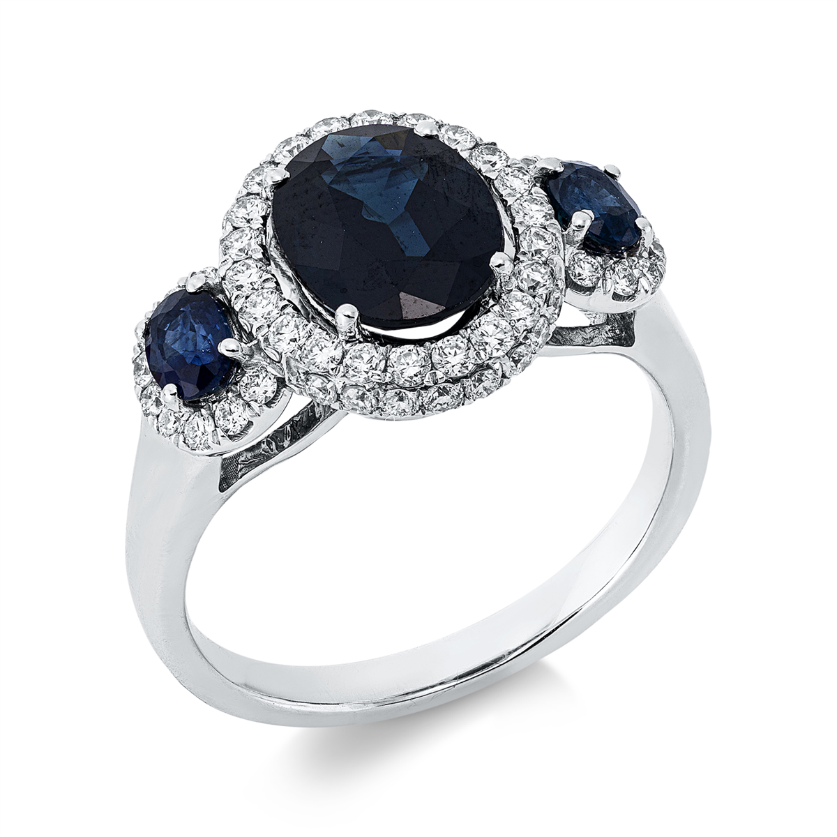diamond full cut sapphire colored stone classic ring in white gold