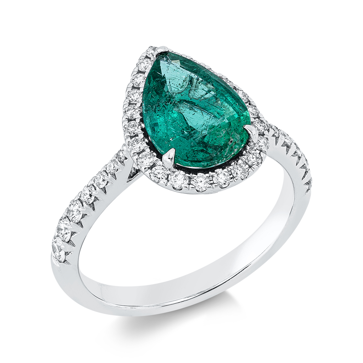 diamond full cut emerald colored stone classic ring in white gold