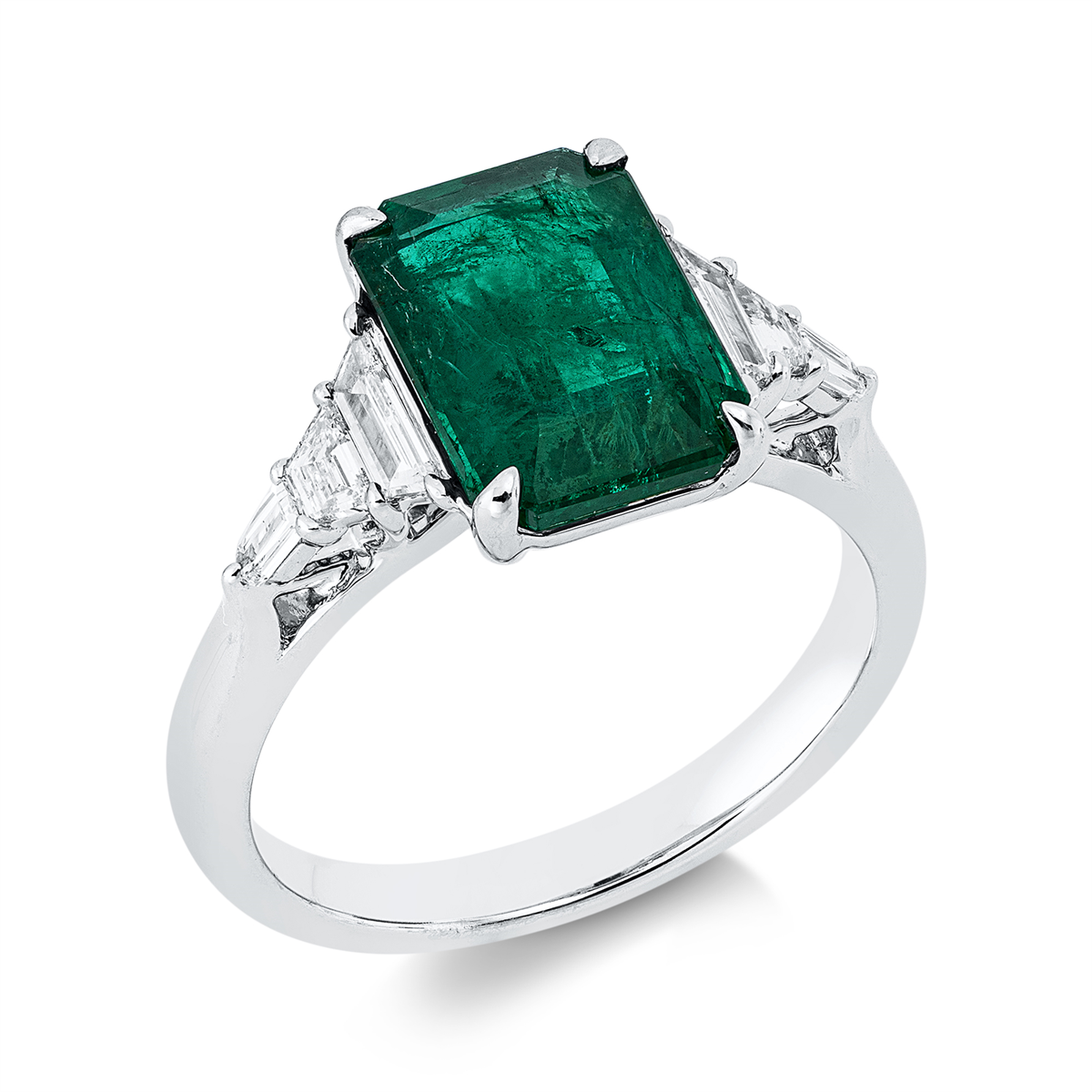 fantasy-cut emerald colored stone classic ring in white gold