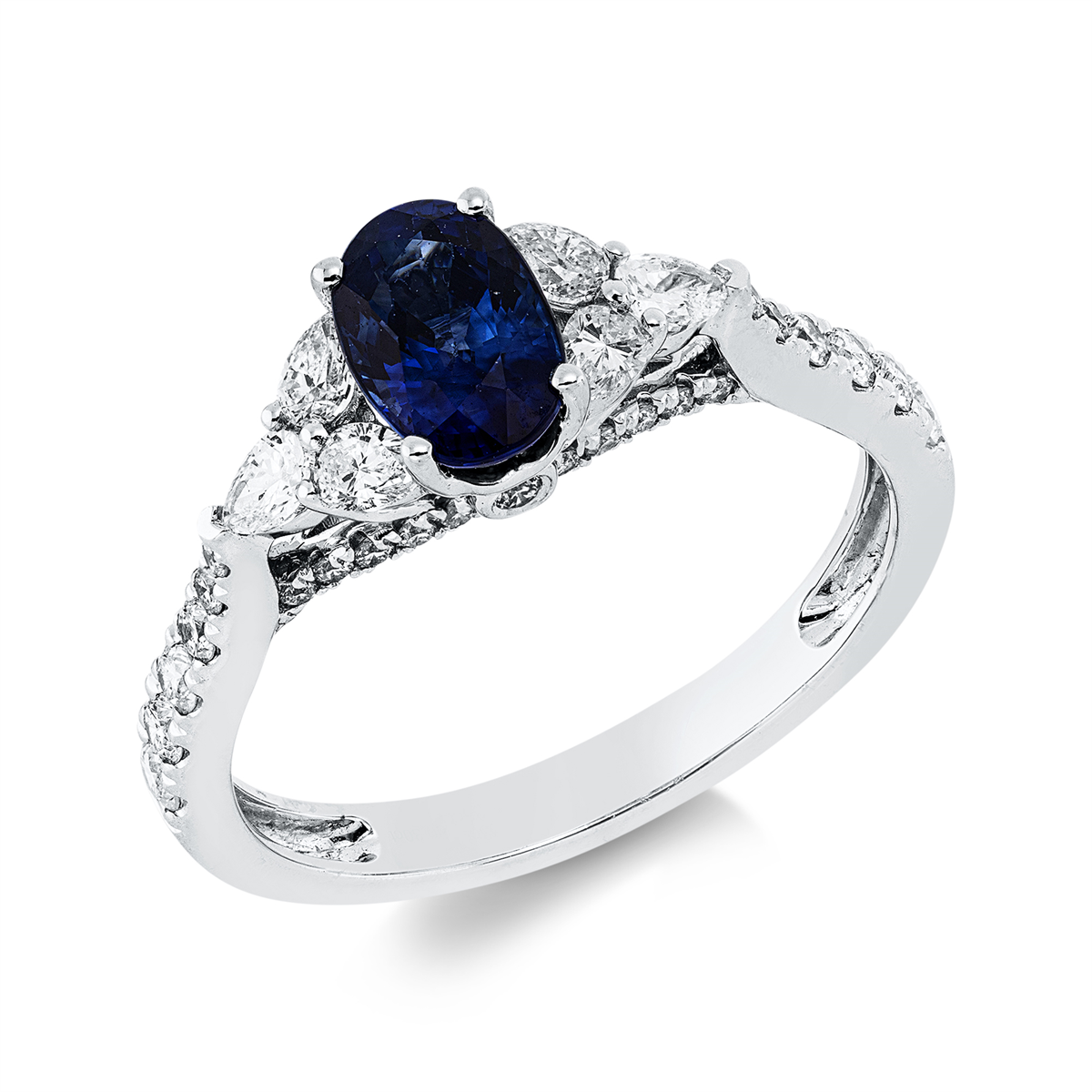 diamond full cut sapphire colored stone classic ring in white gold