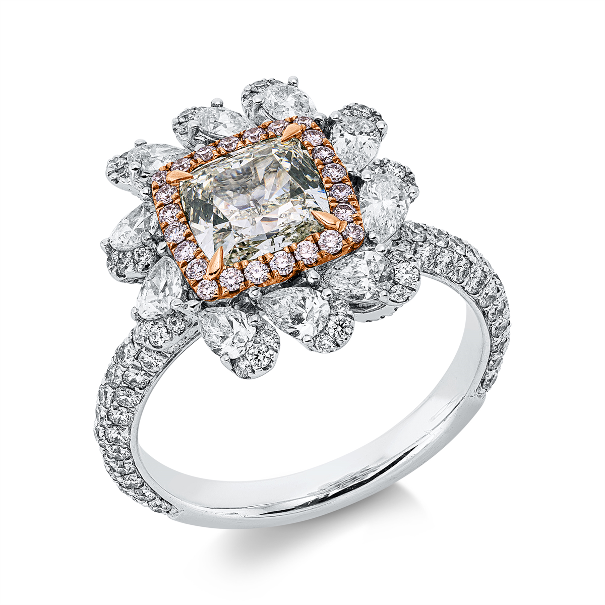 cushion  fancy colored diamond ring in whitegold / rosegold