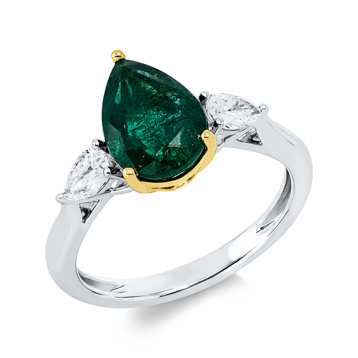 pear shape emerald colored stone classic ring in yellow gold platinum 950