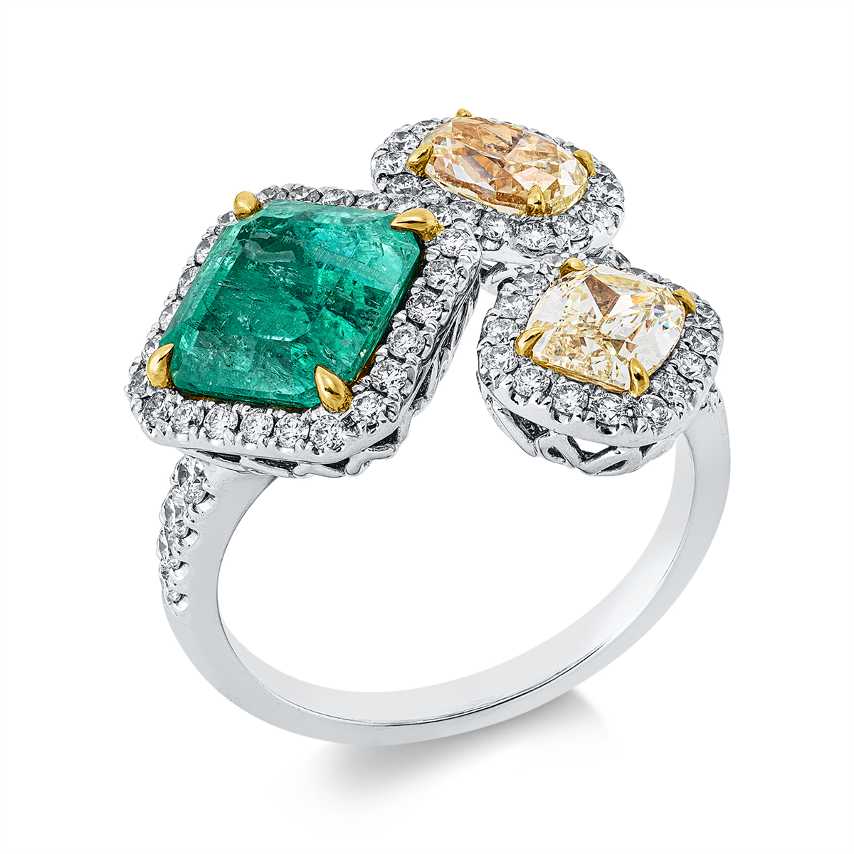 diamond full cut emerald colored stone classic ring in white gold / yellow gold